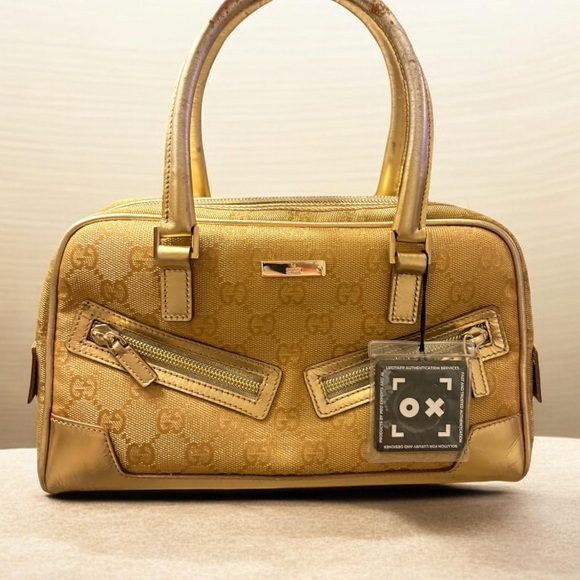 1 TIME ONLY GUCCI RARE Vintage Metallic Gold GG Canvas Bowler Bag Satchel + COA - Picture 2 of 12